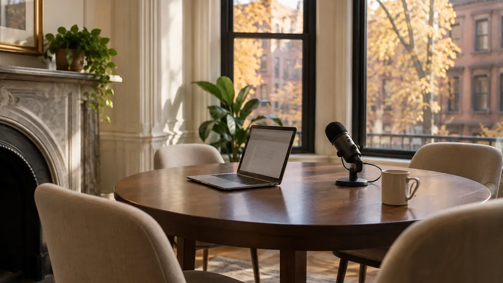 Research setting for a Boston market research agency: a brownstone meeting room with a round table, a laptop showing interview notes, a microphone and soft New England autumn light