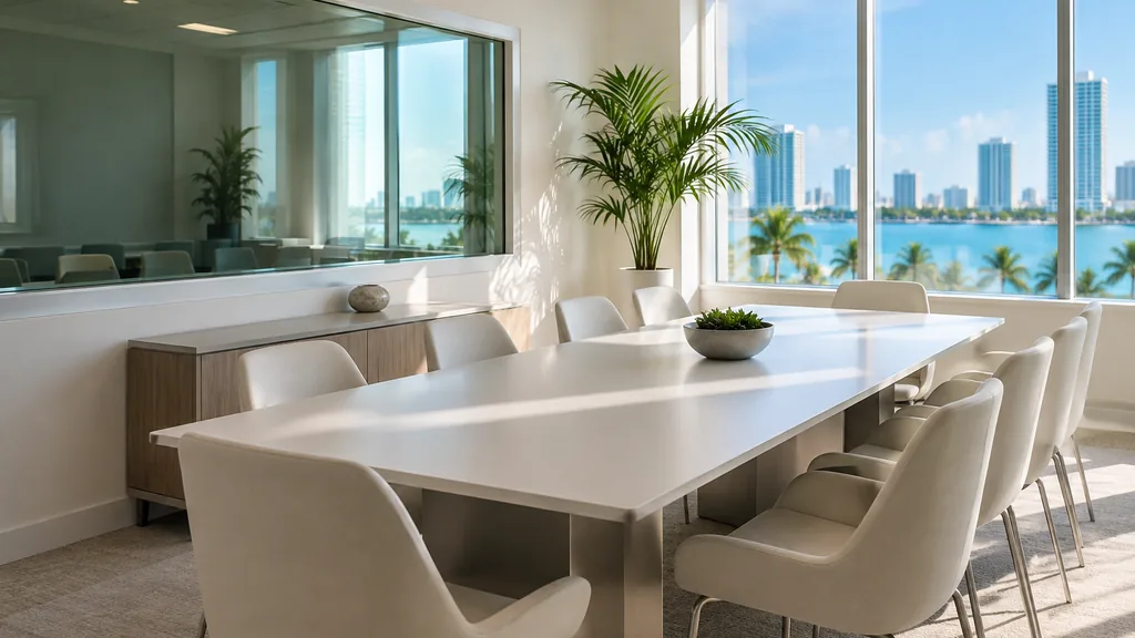 Research setting for a Miami market research agency: a white focus group room with a long table, chairs, a one-way mirror, a palm plant and bright turquoise Miami light