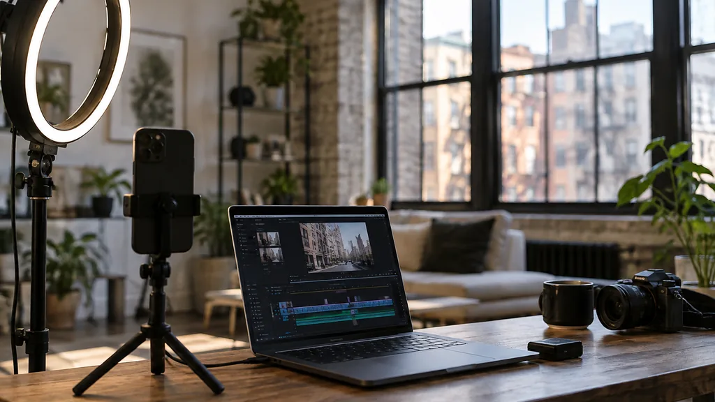 Content studio setting for a New York TikTok ads agency: a loft studio in SoHo with a ring light, a smartphone on a small tripod, a laptop showing a video editing timeline and soft morning light through tall cast-iron windows