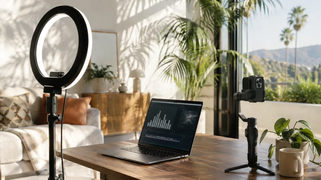 Content studio setting for a Los Angeles TikTok ads agency: a sunny content studio in a converted Hollywood bungalow with a ring light, a smartphone on a gimbal, a laptop with charts and palm shadows on a white wall