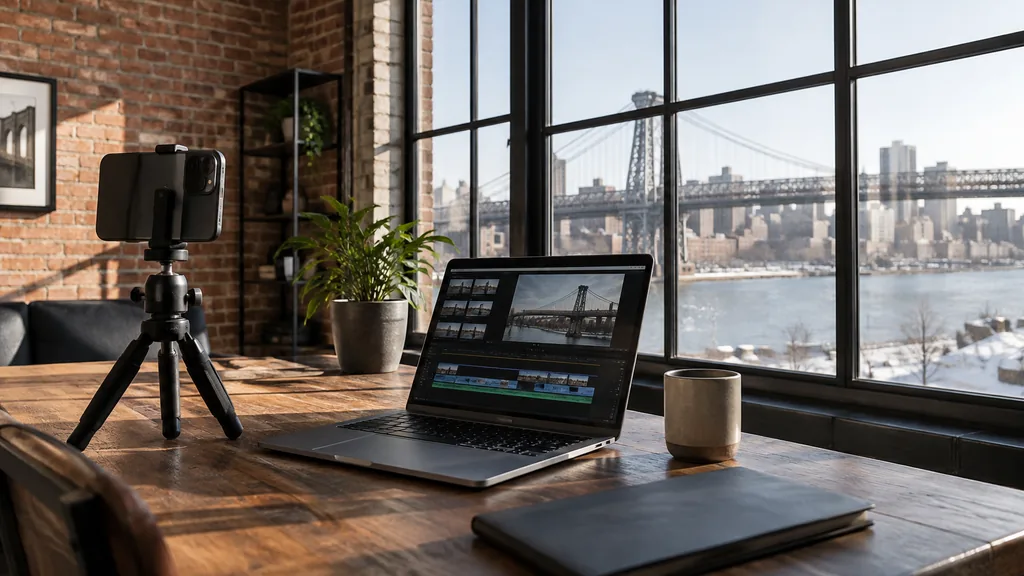 Content studio setting for a Chicago TikTok ads agency: a brick-walled loft office with a smartphone on a tripod, a laptop with a video timeline, steel windows and crisp winter daylight over a river