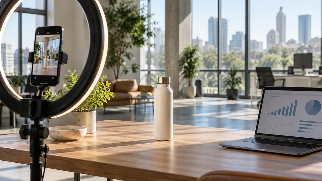Content studio setting for a Dallas TikTok ads agency: a modern open office with a ring light, a smartphone filming a product on a table, a laptop with charts and bright Texas afternoon light