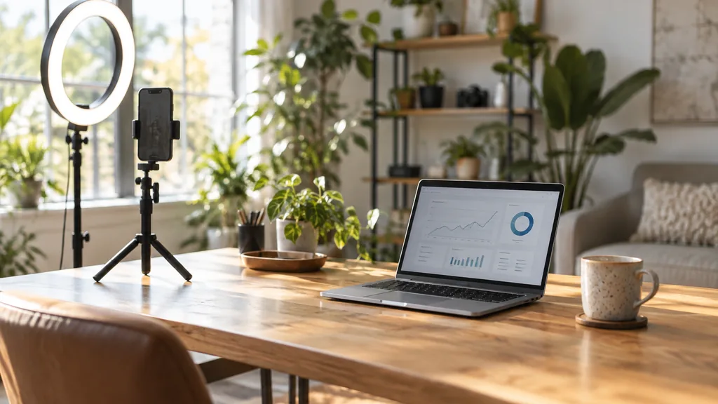 Content studio setting for a Atlanta TikTok ads agency: a bright creative studio with green plants, a ring light, a smartphone on a tripod and a laptop showing a dashboard in soft southern morning light