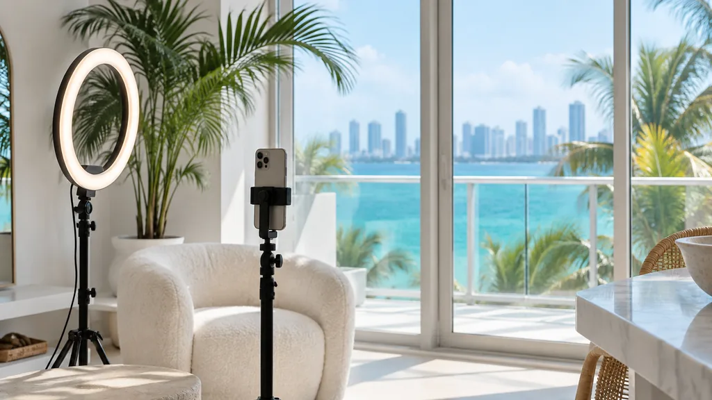 Content studio setting for a Miami TikTok ads agency: a white coastal studio with a ring light, a smartphone on a tripod, a palm plant and bright turquoise Miami light through glass doors