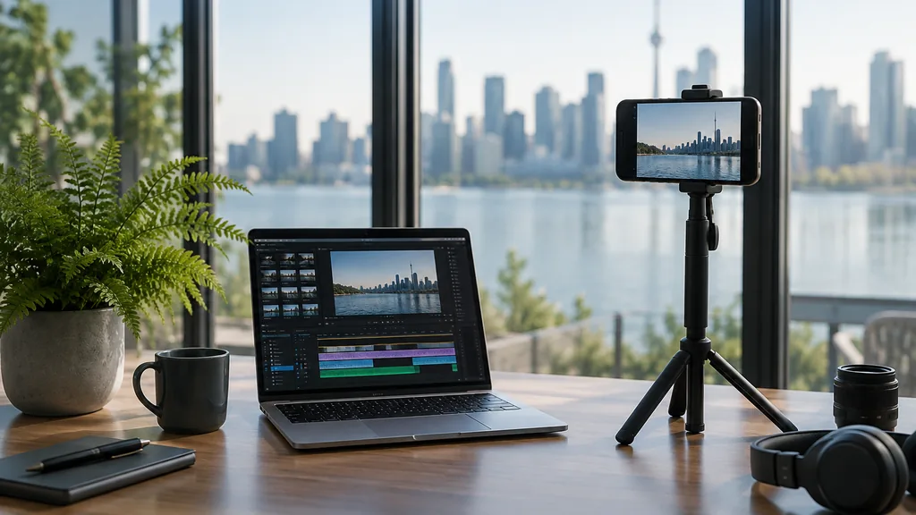 Content studio setting for a Toronto TikTok ads agency: a glass-walled studio with a smartphone on a tripod, a laptop with a video timeline, a potted fern and cool lake light over a blurred skyline