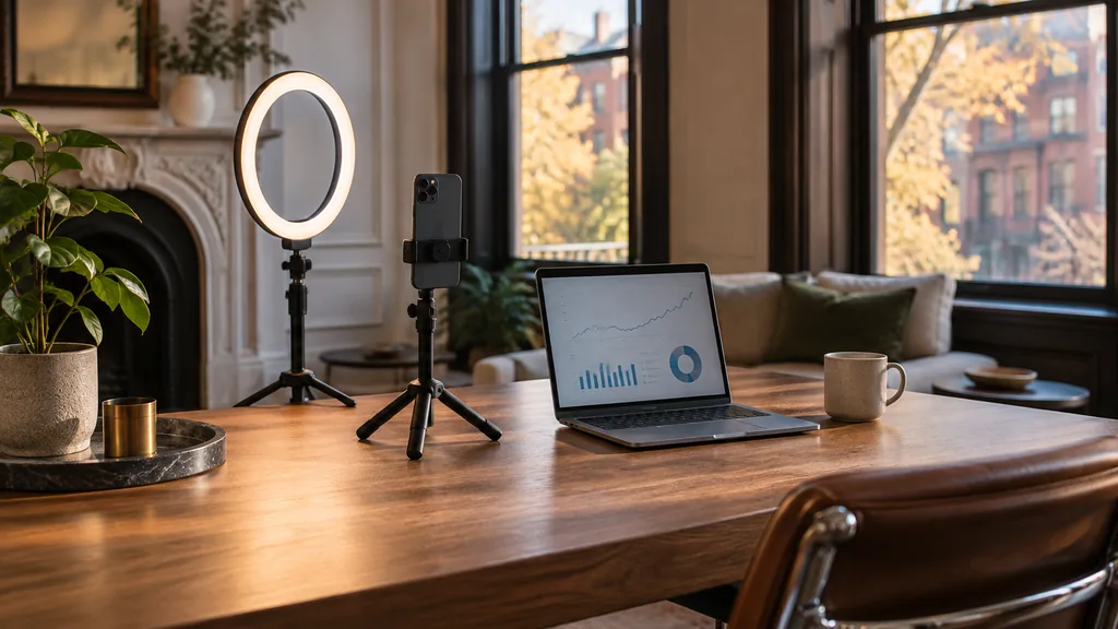 Content studio setting for a Boston TikTok ads agency: a brownstone office with a ring light, a smartphone on a tripod on an oak desk, a laptop with charts and soft New England autumn light