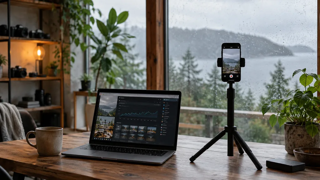 Content studio setting for a Seattle TikTok ads agency: a timber-and-glass studio with a smartphone on a tripod, a laptop with a dashboard, a coffee cup and soft rainy Pacific Northwest daylight