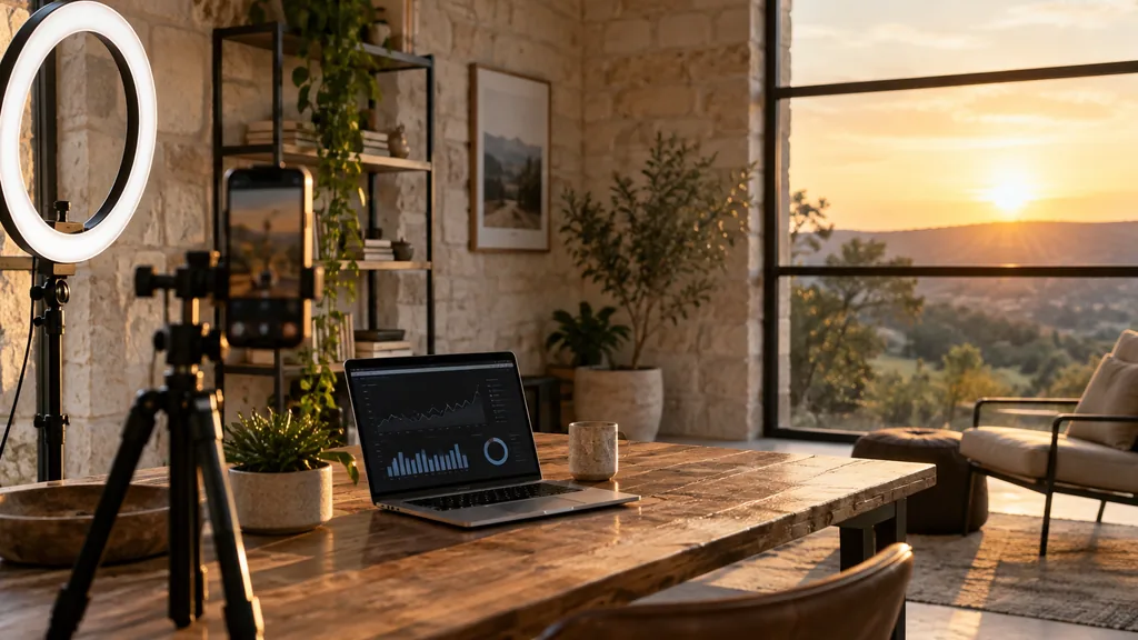 Content studio setting for a Austin TikTok ads agency: a creative studio with limestone walls, a ring light, a smartphone on a tripod, a laptop with graphs and warm golden Texas evening light