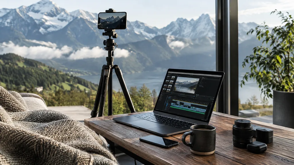 Content studio setting for a Denver TikTok ads agency: a mountain-view studio with a smartphone on a tripod, a laptop showing a video timeline, a wool throw and clear high-altitude daylight
