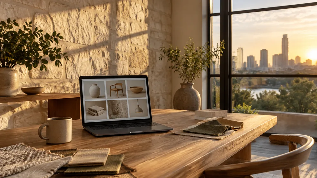 Creative studio setting for a Austin Pinterest ads agency: a sunlit Austin studio with a limestone wall, a laptop showing a grid of product photos, fabric swatches, a ceramic mug and warm golden evening light