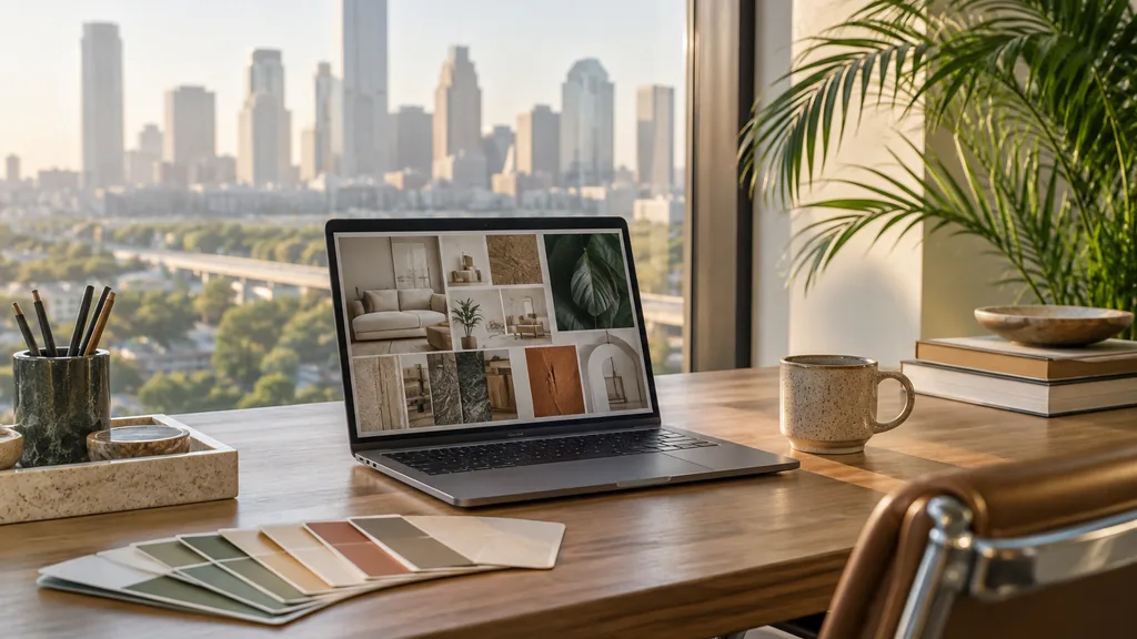 Creative studio setting for a Houston Pinterest ads agency: a bright Houston office with a large window, a laptop showing a visual mood board, paint colour cards, a potted palm and humid morning light