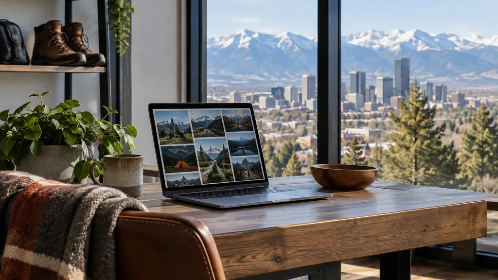 Creative studio setting for a Denver Pinterest ads agency: a mountain-view Denver studio with a laptop showing a grid of outdoor gear photos, a wool blanket, hiking boots on a shelf and clear high-altitude daylight