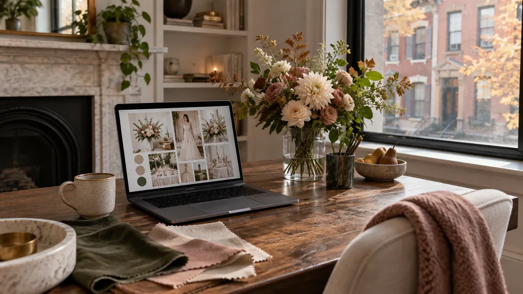 Creative studio setting for a Philadelphia Pinterest ads agency: a brick rowhouse office in Philadelphia with a laptop showing a wedding mood board, fresh flowers in a vase, fabric samples and soft autumn window light