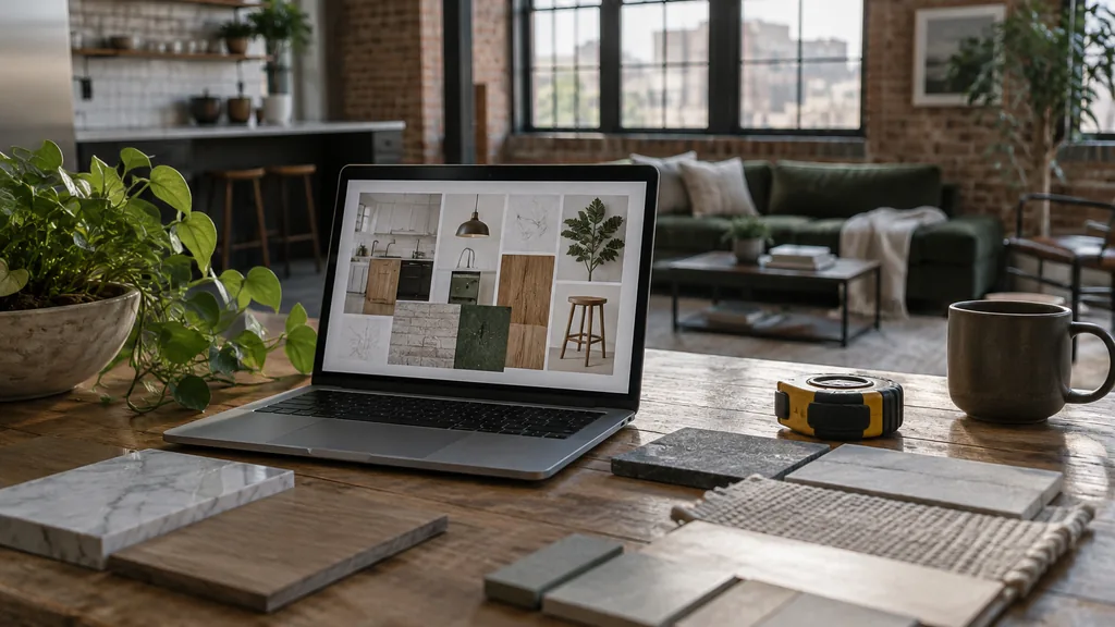 Creative studio setting for a Detroit Pinterest ads agency: a converted Detroit loft with exposed brick, a laptop showing a home renovation mood board, tile samples, a tape measure and cool morning light