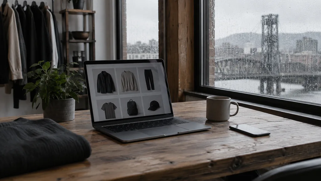 Creative studio setting for a Portland Pinterest ads agency: a timber-and-glass Portland studio with a laptop showing a grid of apparel photos, a rain-streaked window, a coffee cup and soft grey daylight