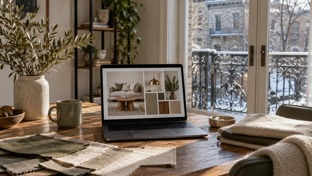 Creative studio setting for a Montreal Pinterest ads agency: a Montreal Plateau apartment studio with a laptop showing a home decor mood board, a wrought-iron balcony outside, linen samples and crisp winter light
