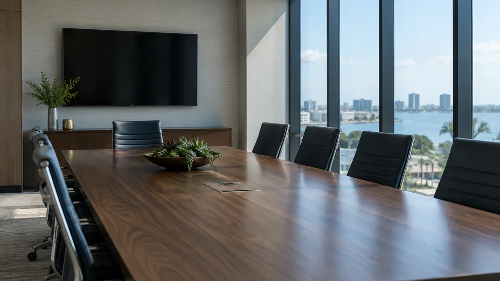 Office setting: a quiet corporate meeting room with a long walnut table, navy chairs, a switched-off wall screen and bright Gulf Coast sun through tall tinted windows
