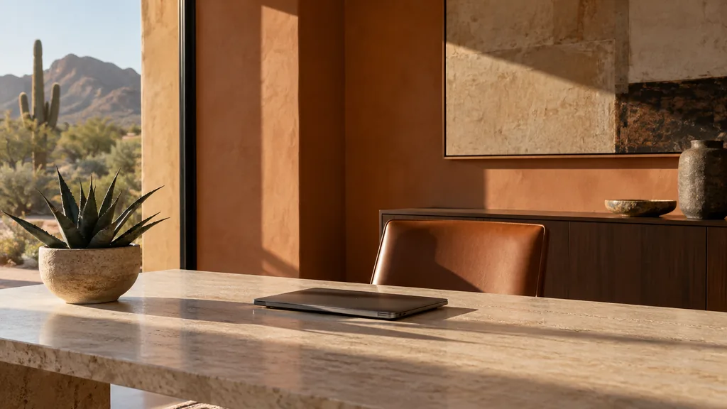 Office setting: a modern desert-toned office with terracotta walls, a pale stone table, a closed laptop, a potted agave and warm Sonoran afternoon light