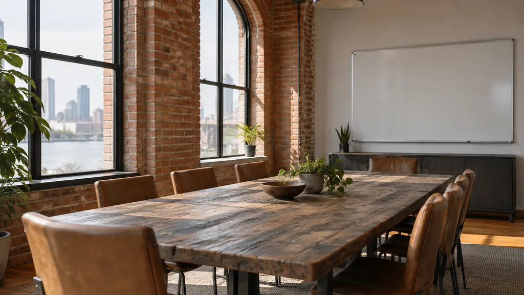 Office setting: a converted red-brick loft meeting room with tall arched windows, a reclaimed wood table, a blank whiteboard and soft East Coast morning light