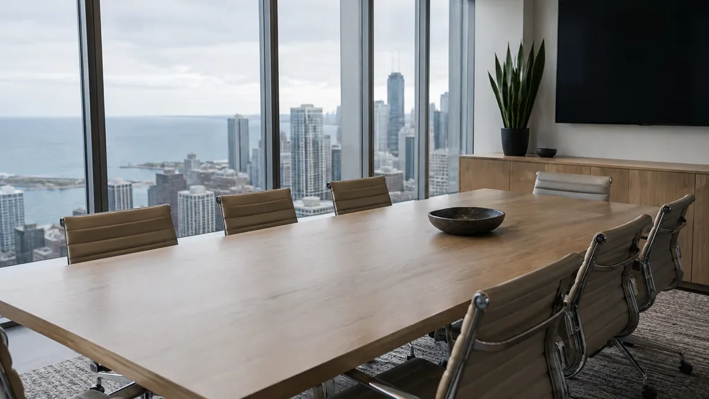 Office setting: a clean glass-walled boardroom with white oak furniture, a large dark screen, a snake plant and cool overcast Great Lakes daylight