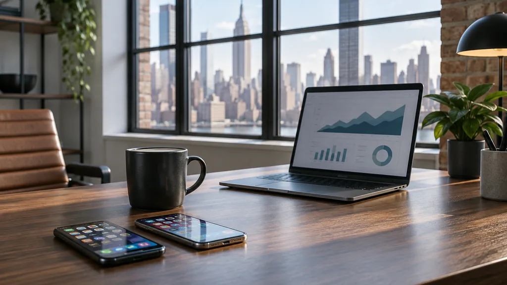 Workspace setting for a New York app store optimization agency: a Manhattan loft office with a large window, two smartphones on a walnut desk showing colourful app icons, a laptop with abstract charts, a coffee cup and cool morning light