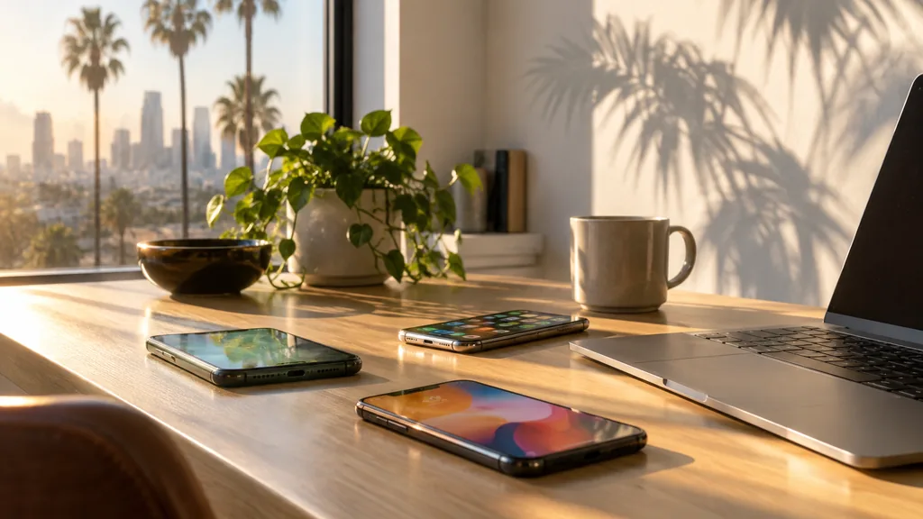 Workspace setting for a Los Angeles app store optimization agency: a sunlit Los Angeles studio with palm shadows on a white wall, several smartphones on a desk with colourful app screens, a laptop and warm golden-hour light
