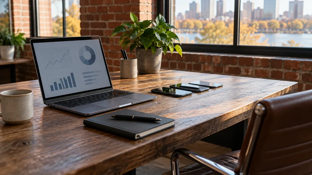 Workspace setting for a Boston app store optimization agency: a brick-walled Boston office with a laptop showing abstract graphs, three smartphones in a neat row, a notebook and soft autumn daylight