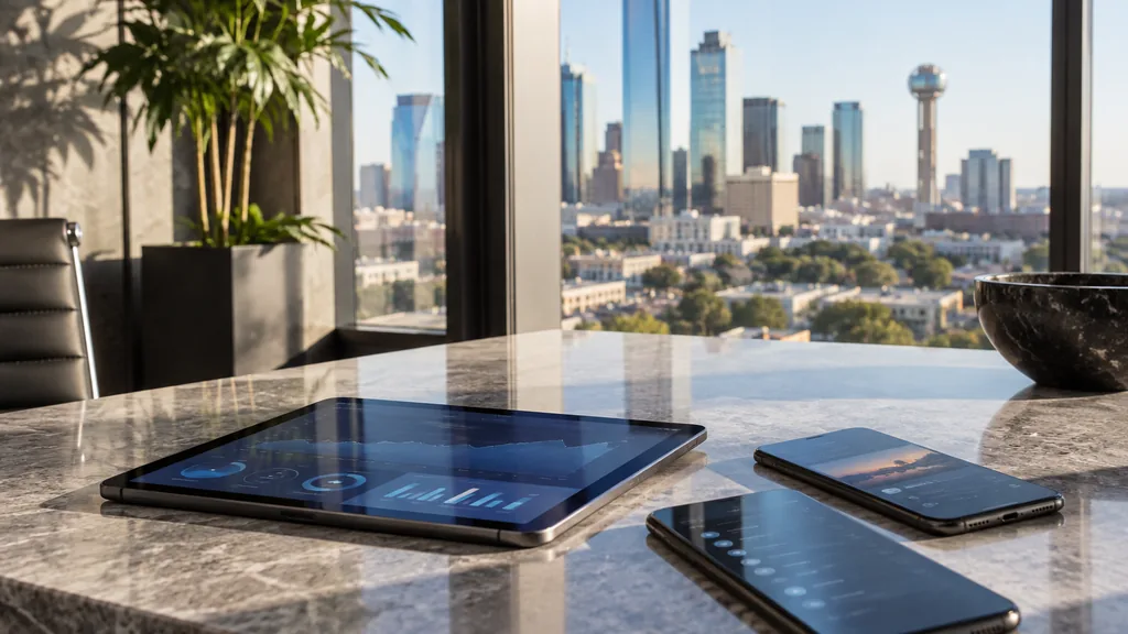 Workspace setting for a Dallas app store optimization agency: a modern Dallas office with floor-to-ceiling glass, a tablet and two smartphones showing app screens on a stone desk and bright Texas afternoon light