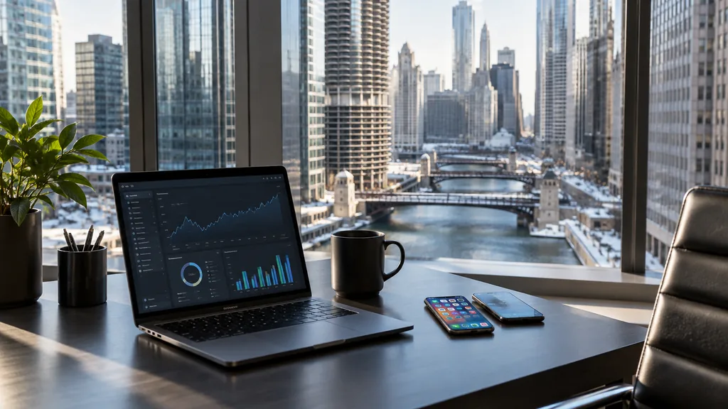 Workspace setting for a Chicago app store optimization agency: a Chicago high-rise office overlooking a river, a desk with a laptop showing abstract charts, smartphones with colourful app screens and crisp winter light