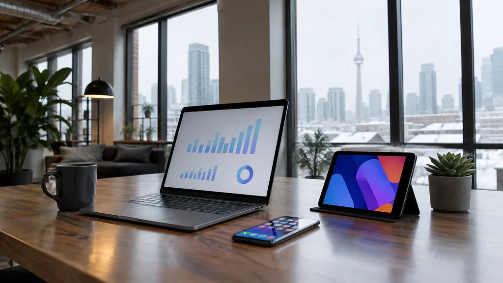 Workspace setting for a Toronto app store optimization agency: a Toronto studio with exposed beams, a laptop showing abstract bar charts, a smartphone and tablet with colourful app screens and snowy window light