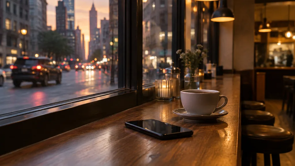 Everyday business setting for a New York SMS marketing campaign: a narrow Manhattan restaurant counter at dusk with a smartphone lying face up beside a coffee cup, warm pendant lights and blurred street glow through the window