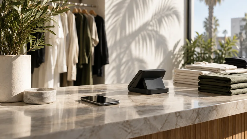 Everyday business setting for a Los Angeles SMS marketing campaign: a sunlit Los Angeles boutique counter with a smartphone on a marble top, a card reader, folded shirts and palm shadows on a white wall