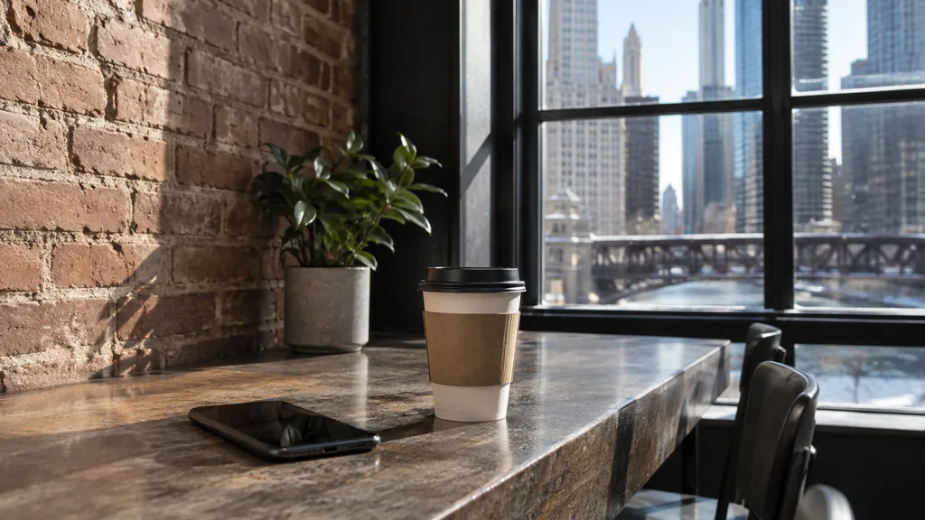 Everyday business setting for a Chicago SMS marketing campaign: a brick-walled Chicago cafe counter with a smartphone next to a paper cup, steel windows and crisp winter daylight