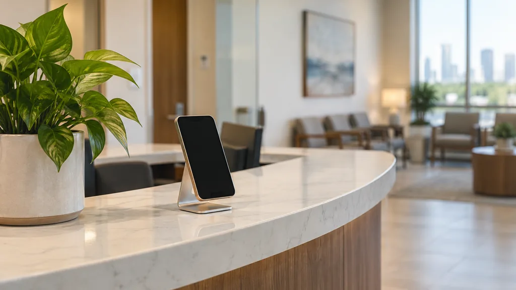 Everyday business setting for a Houston SMS marketing campaign: a Houston clinic reception desk with a smartphone on a stand, a potted plant, soft overhead light and a blurred waiting room