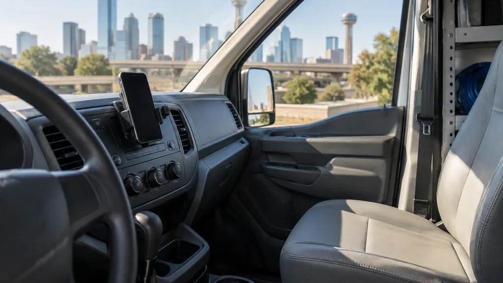 Everyday business setting for a Dallas SMS marketing campaign: a Dallas home service van interior with a smartphone mounted on the dashboard, a clipboard-free seat and bright Texas afternoon light