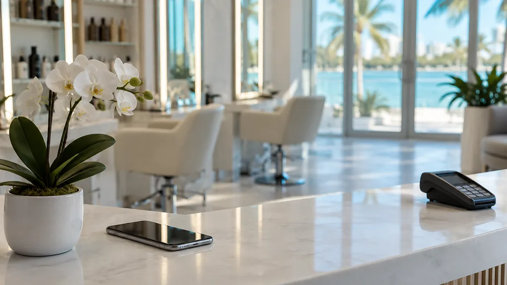 Everyday business setting for a Miami SMS marketing campaign: a white Miami salon counter with a smartphone, a small orchid, a card reader and turquoise light through glass doors