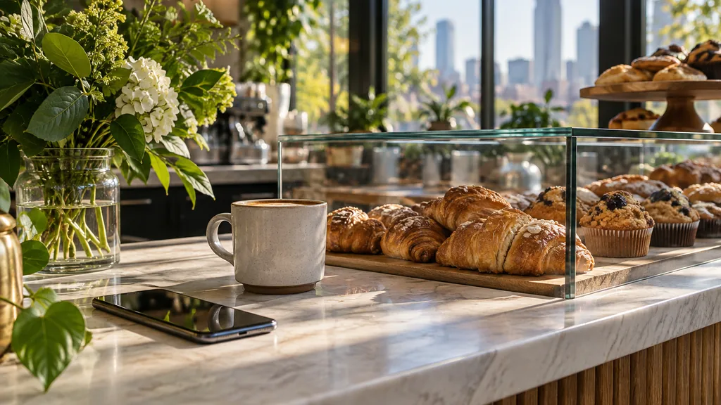 Everyday business setting for a Atlanta SMS marketing campaign: an Atlanta bakery counter with a smartphone beside a pastry display, green plants and soft southern morning light