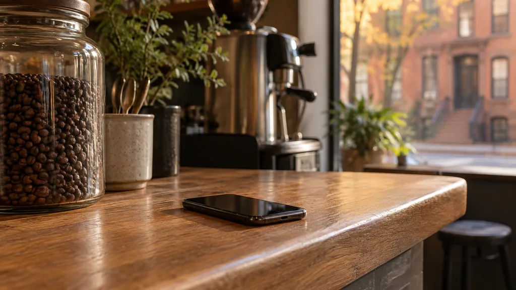 Everyday business setting for a Boston SMS marketing campaign: a brownstone shop counter in Boston with a smartphone on an oak surface, a jar of coffee beans and soft autumn light
