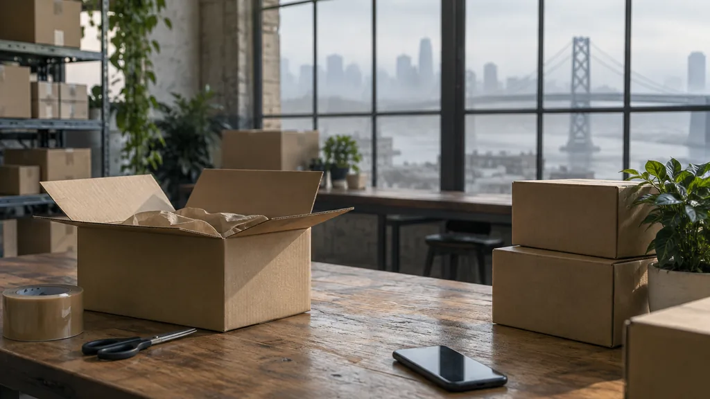 Everyday business setting for a San Francisco SMS marketing campaign: a San Francisco packing station with shipping boxes, a smartphone on the table and cool fog light through tall windows