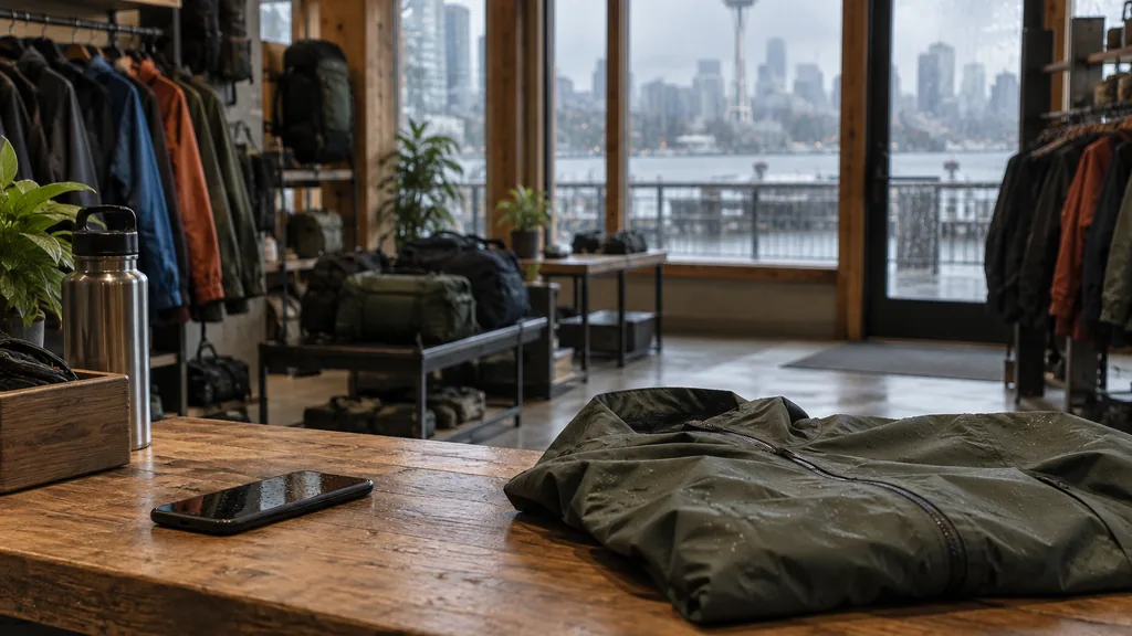 Everyday business setting for a Seattle SMS marketing campaign: a Seattle outdoor gear shop counter with a smartphone, a folded jacket and soft rainy daylight through timber-framed windows
