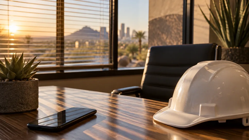 Everyday business setting for a Phoenix SMS marketing campaign: a Phoenix contractor office desk with a smartphone, a hard hat, a desert plant and warm low sunlight through blinds