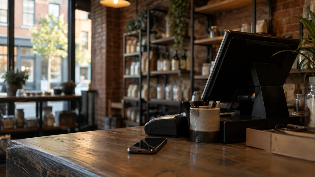 Everyday business setting for a Philadelphia SMS marketing campaign: a Philadelphia corner shop counter with a smartphone next to a register, brick walls and warm tungsten light