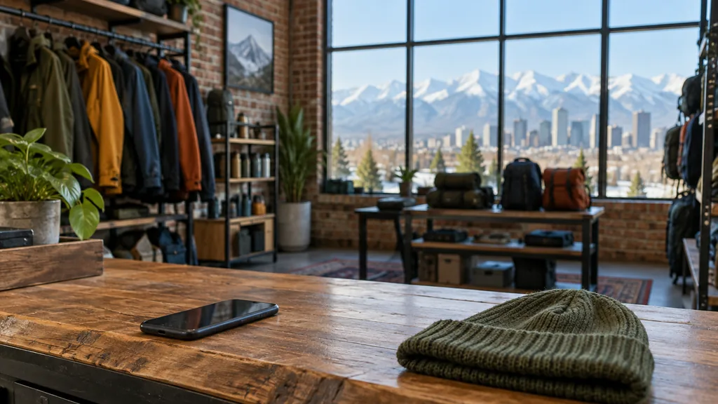 Everyday business setting for a Denver SMS marketing campaign: a Denver outdoor gear shop counter with a smartphone beside a folded wool beanie, exposed brick and crisp mountain daylight through tall windows