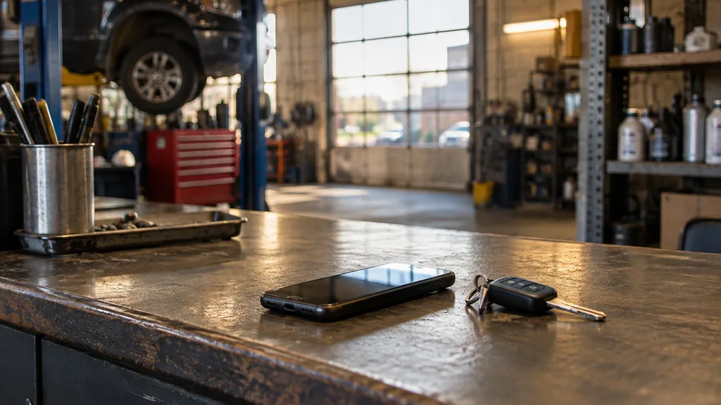 Everyday business setting for a Detroit SMS marketing campaign: a Detroit auto repair shop front desk with a smartphone next to a set of car keys, steel shelving and warm workshop light
