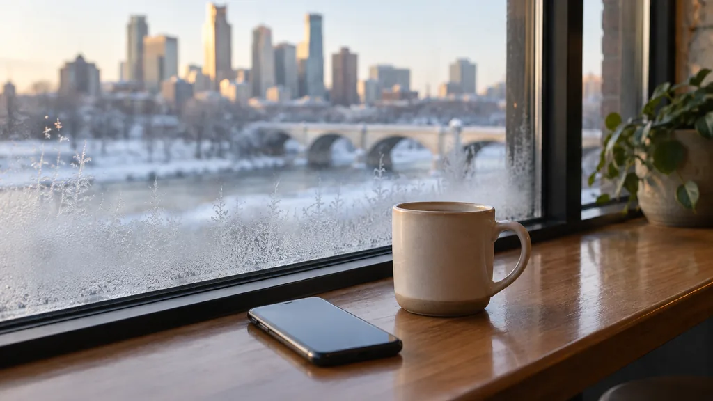 Everyday business setting for a Minneapolis SMS marketing campaign: a Minneapolis cafe window counter with a smartphone beside a mug, frosted glass and pale winter morning light