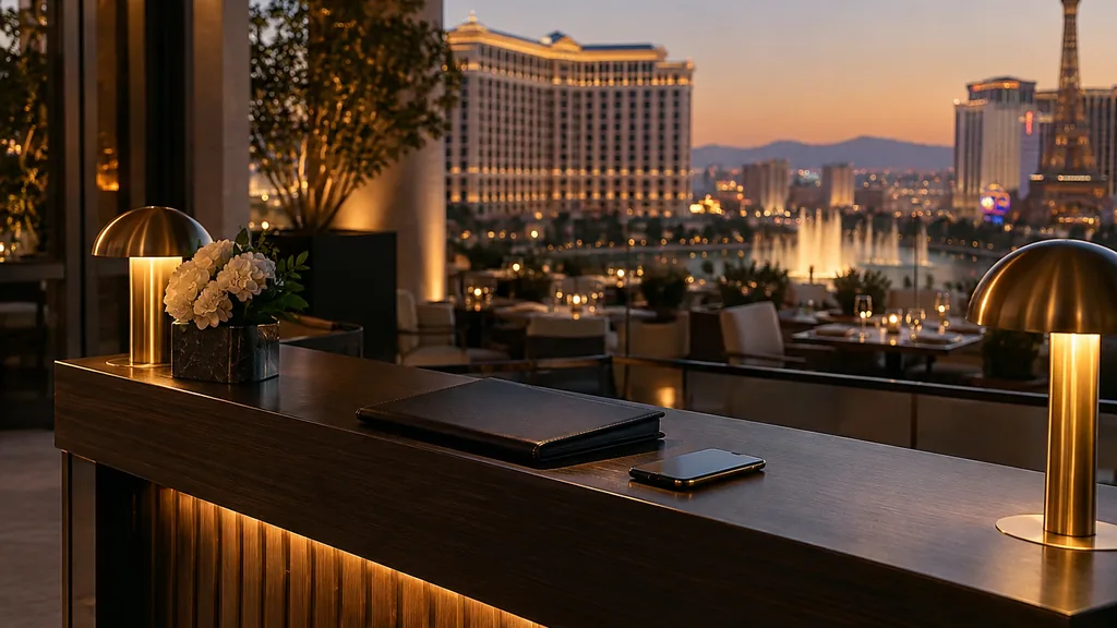 Everyday business setting for a Las Vegas SMS marketing campaign: a Las Vegas restaurant host stand at dusk with a smartphone on a dark wood top, a small reservation book and warm amber lamps
