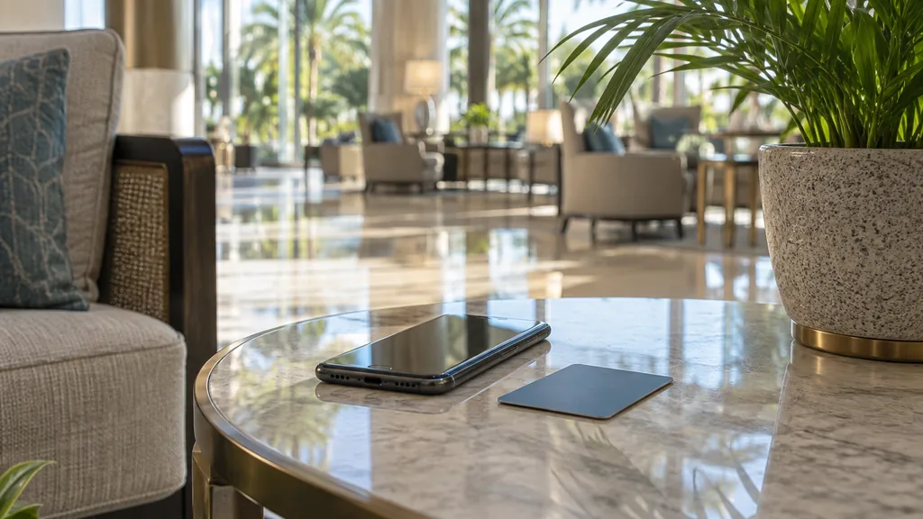 Everyday business setting for a Orlando SMS marketing campaign: an Orlando hotel lobby side table with a smartphone beside a room key card, a palm plant and bright Florida afternoon light