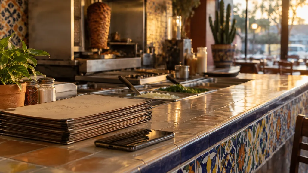 Everyday business setting for a San Antonio SMS marketing campaign: a San Antonio taqueria counter with a smartphone next to a stack of paper menus, colorful tiles and warm evening light