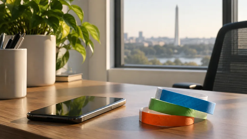 Everyday business setting for a Washington, DC SMS marketing campaign: a Washington, DC nonprofit office desk with a smartphone beside a stack of event wristbands, a window and soft morning light