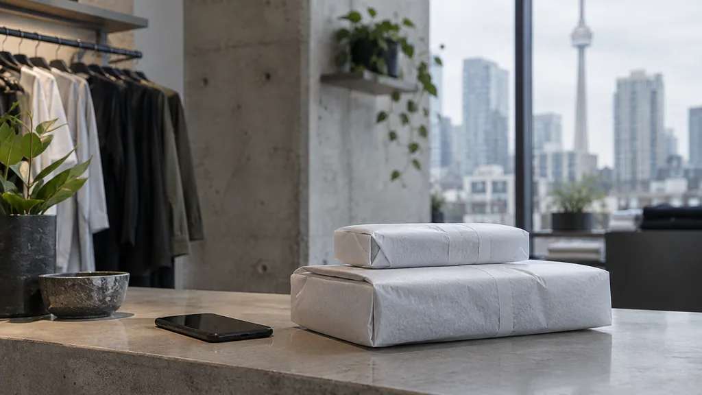 Everyday business setting for a Toronto SMS marketing campaign: a Toronto boutique counter with a smartphone beside wrapped tissue parcels, concrete walls and cool overcast daylight